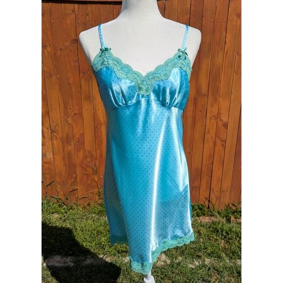 Blue Green Lace Polka Dot Mini Slip Night Gown - Picture 1 of 5